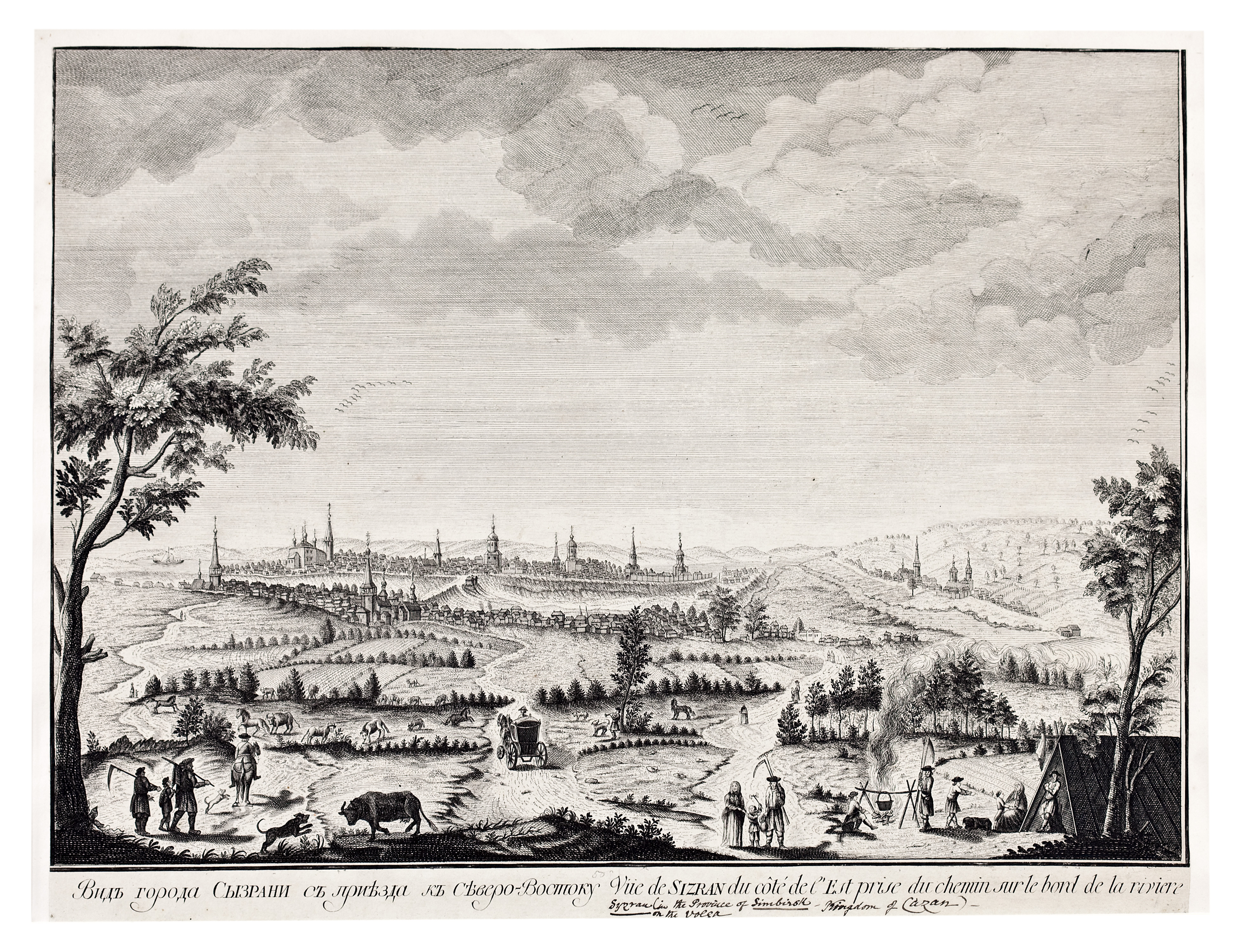 Гравюра "Вид города Сызрани с приезда к северо-востоку", 1769-1771 годы, по рисунку М.И. Махаева, снятого с рисунка подполковника А.И. Свечина, офорт, резец. (Коллекция автора)